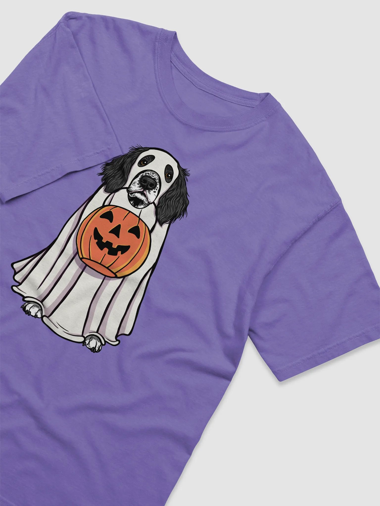 Funny Halloween Springer Spaniel(Black) T-Shirt | Funny Springer Spaniel Wearing a Ghost Costume and Holding a Pumpkin Basket product image (6)