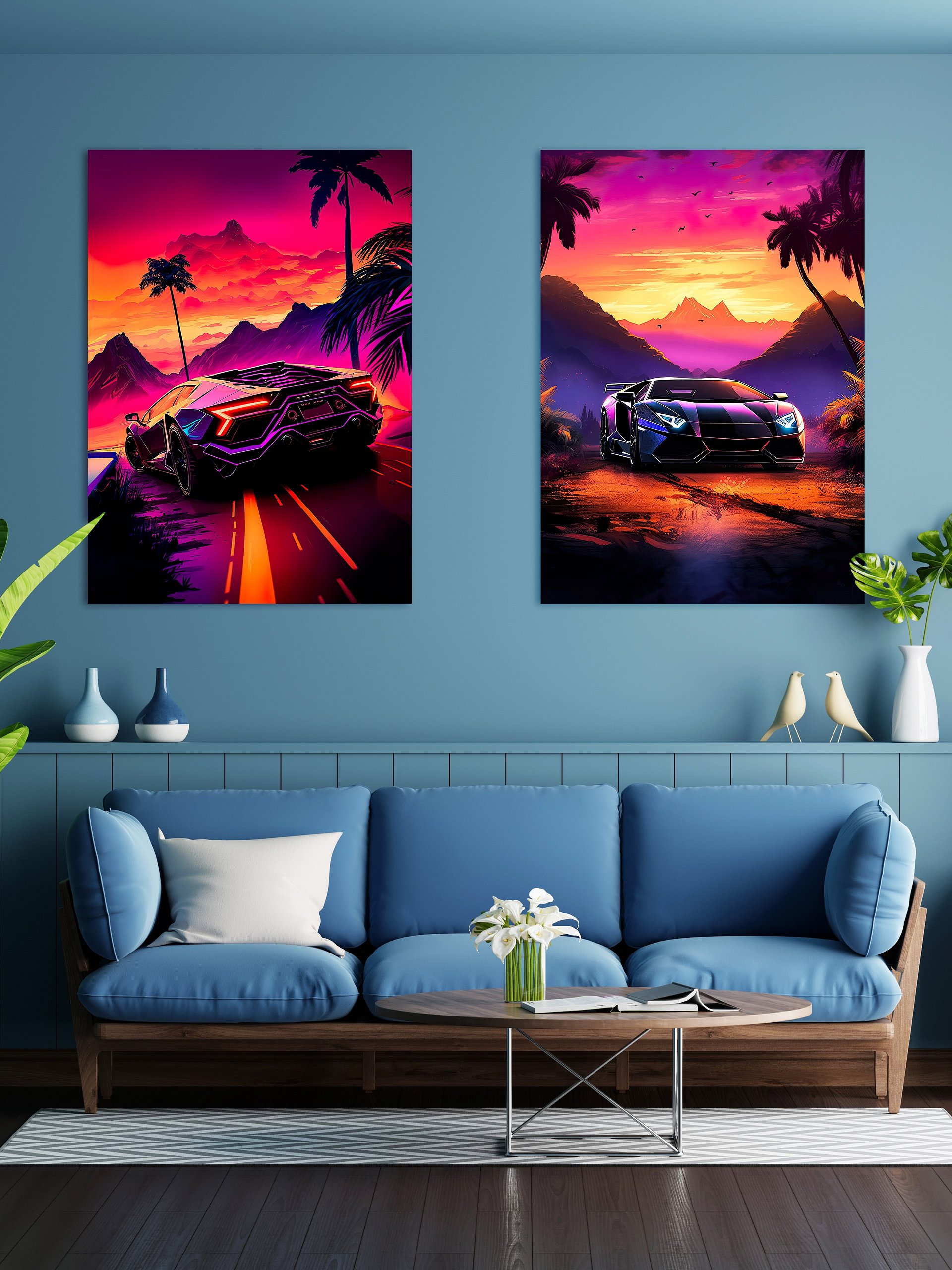 Synthwave aesthetic sport car Lamborghini with palms [synthwave/vaporwave/cyberpunk] — aesthetic art print product image (2)