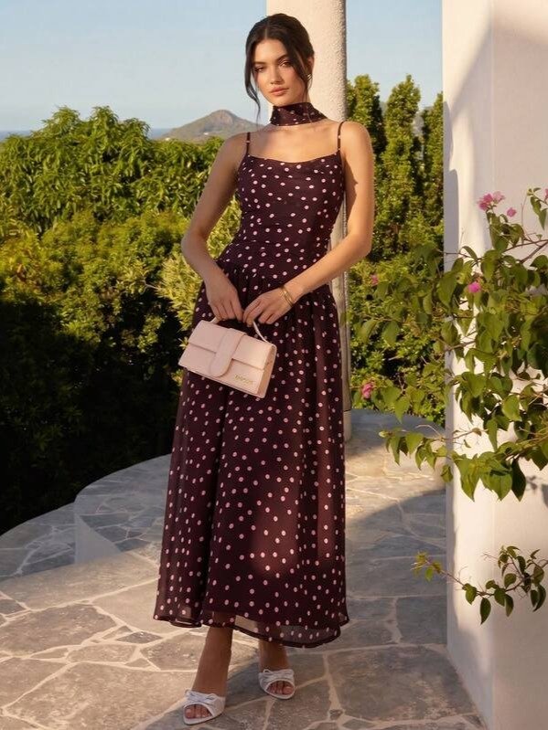 Women's Brown White Polka Dot Sleeveless Dress with Neck Ribbon product image (2)