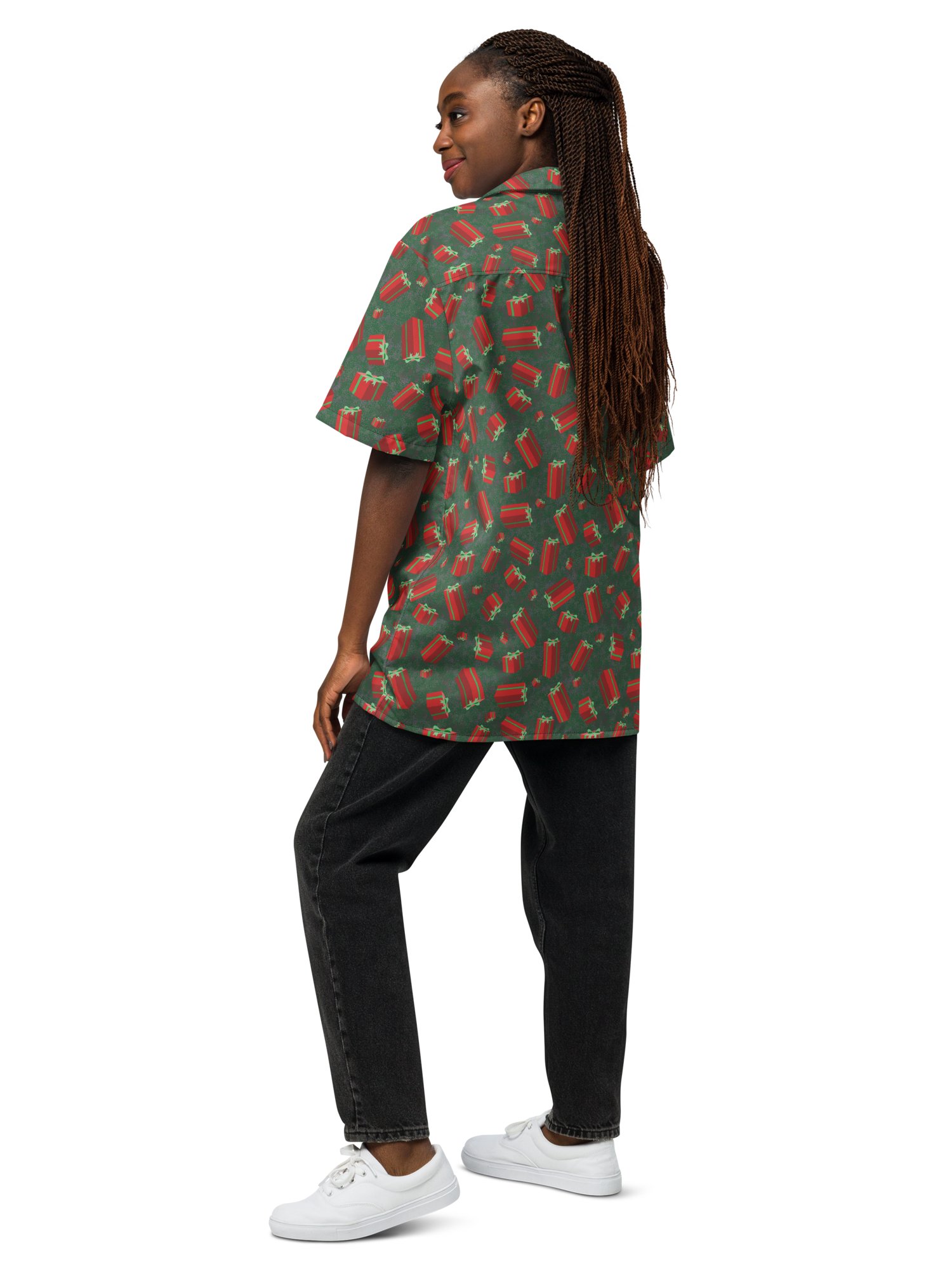 Floating Red Presents on Teal Green Oversized Button-Down Shirt product image (5)