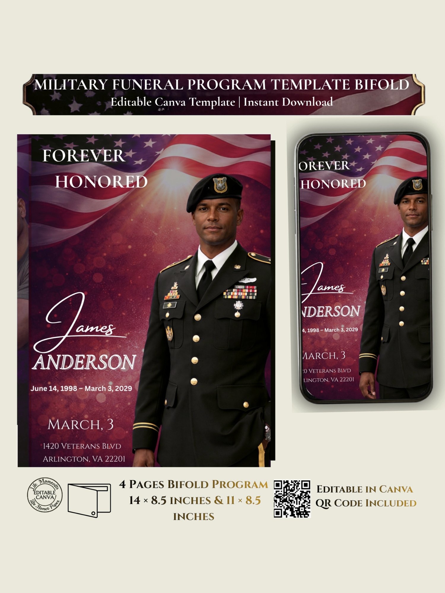 Military & First Responder Funeral Program Editable Canva Template, Patriotic Veteran Obituary Memorial product image (1)