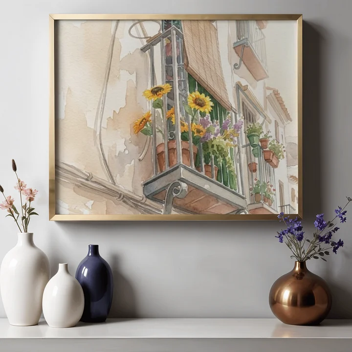 Mediterranean Balcony Watercolor Square Print | Sunflower Wall Art | European Street Scene Painting | Rustic Spanish Village Decor product image (1)