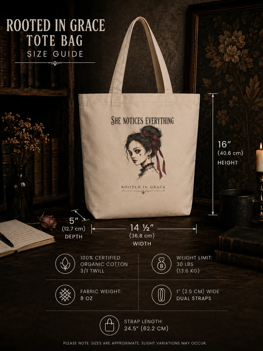She Notices Everything Tote Bag | Vintage Inspired Organic Cotton Carryall product image (3)