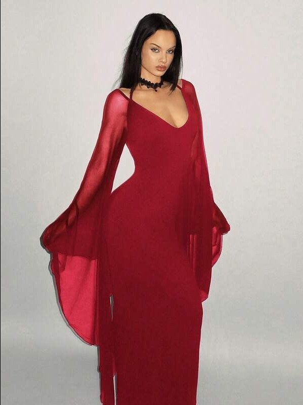 ADLEST ICON Y2k Women Elegant Fitting Long Sleeve Mesh Exaggerated Batwing Sleeve Bodycon Dress Witchy Clothes product image (4)