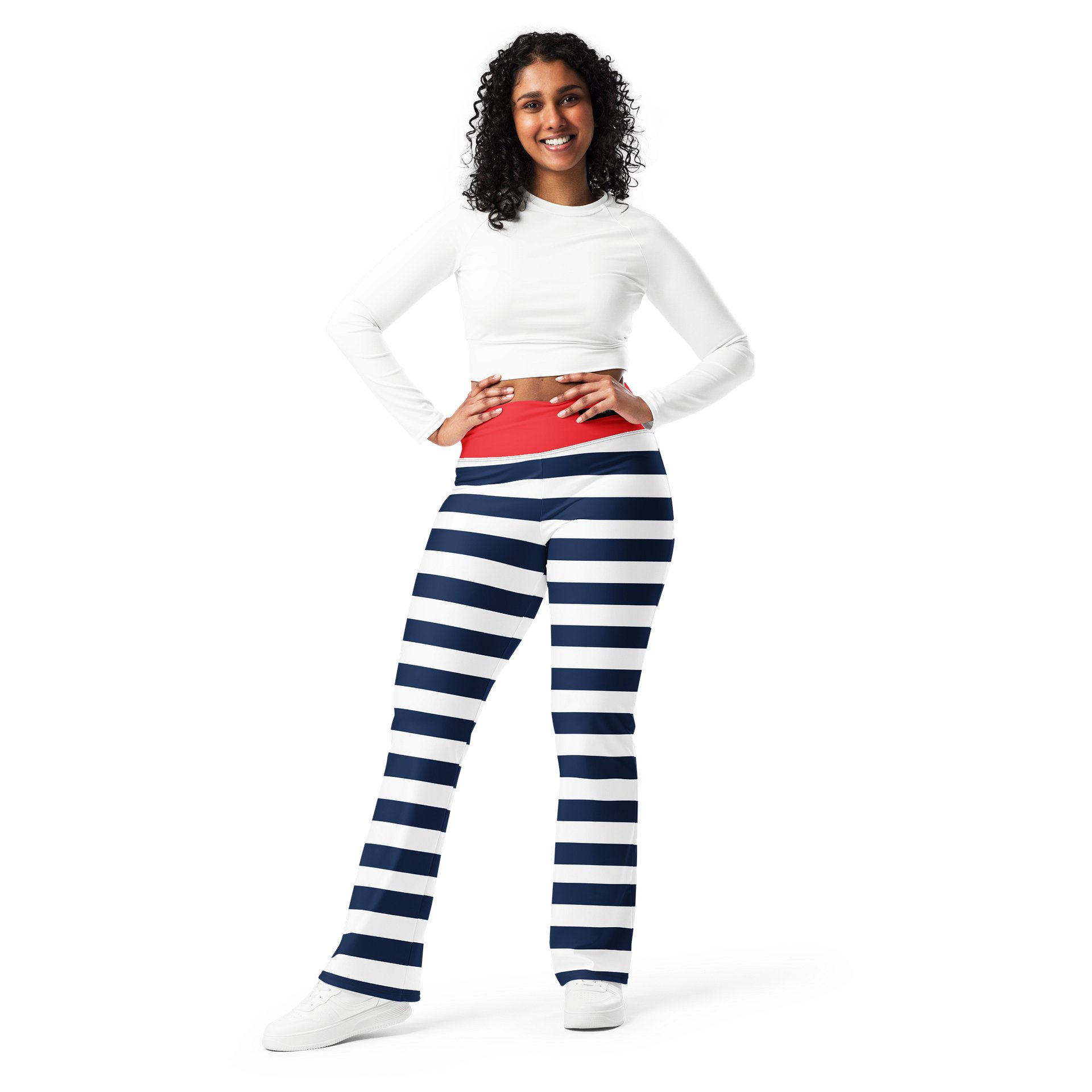 Nautical Stripe High-Waisted Flare Leggings with Red Waistband product image (1)