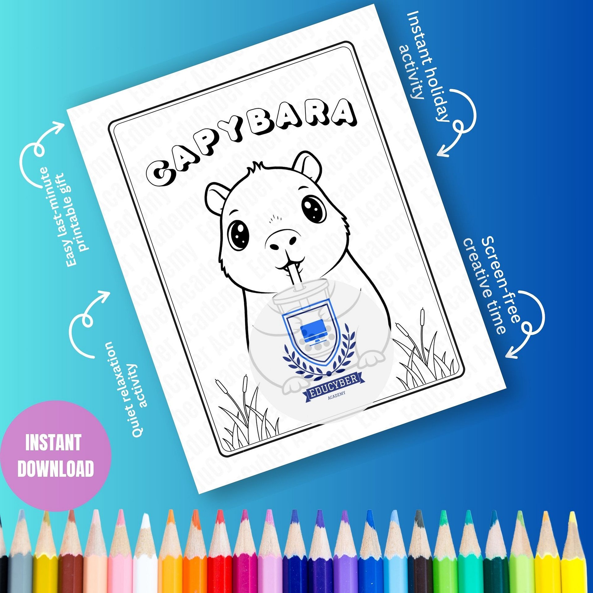 Cute Capybara Coloring Page Printable, Kawaii Animal Drinking Bubble Tea, Kids & Adults Activity, Instant Download | Capivara para Colorir Fofa PDF product image (5)