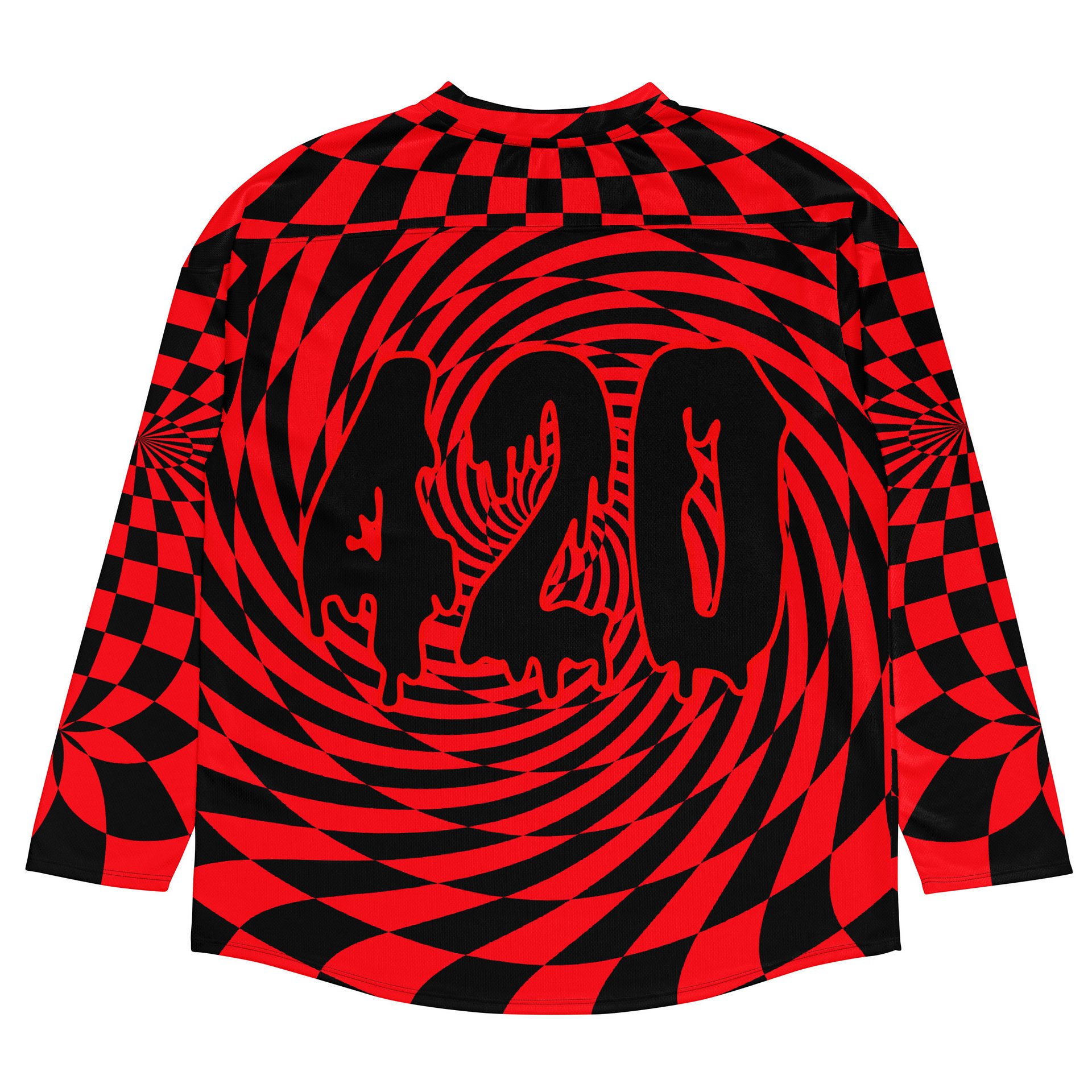Red Black 420 Hockey Jersey, EDM Cannabis Clothes, Psychedelic Spirals Stoner Shirt, Weed Rave Retro Fashion, Trippy Checkers Festival Top product image (1)