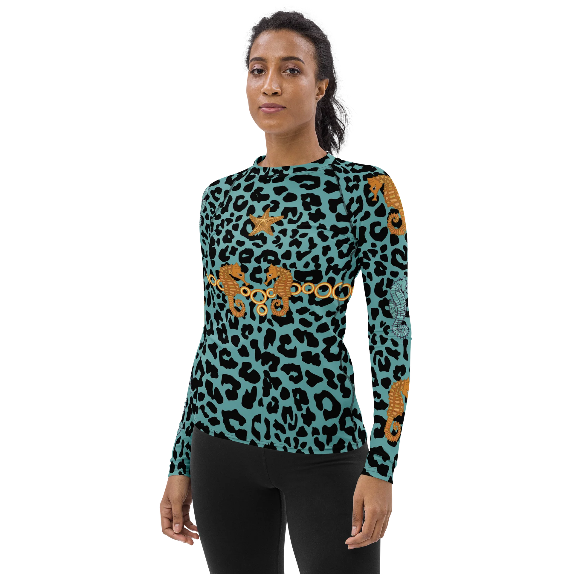 Seahorse blue leopard Women's Rash Guard product image (3)