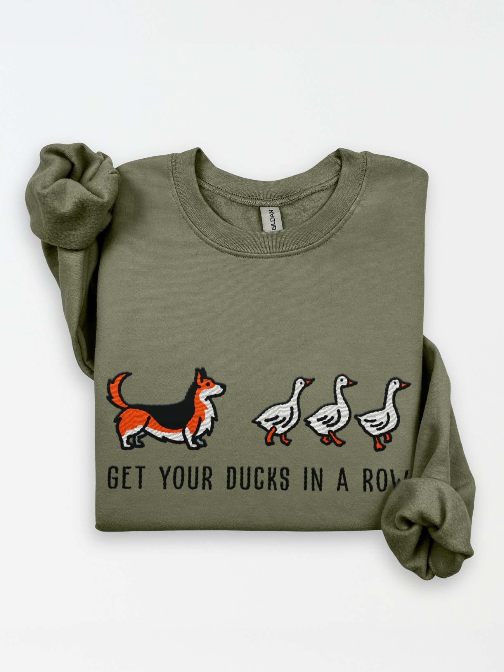 Get Your Ducks in a Row Sweatshirt(Embroidered) of a Cardigan Welsh Corgi(Tricolor) product image (1)