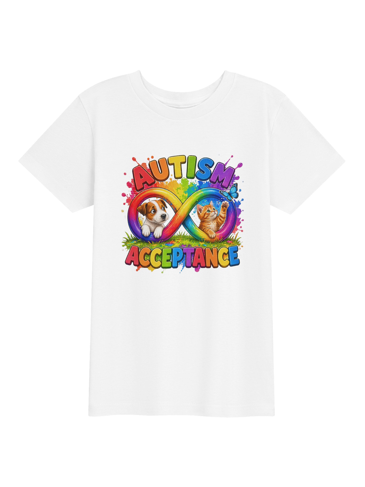 KID'S PUPPY AND KITTY AUTISM ACCEPTANCE & INCLUSION TEE WITH INFINITY SYMBOL RAINBOW product image (1)