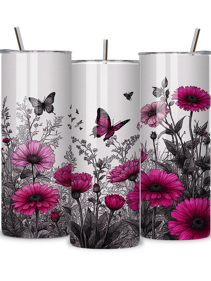 Butterfly & Floral 20oz Skinny Tumbler with Metal Straw – Pink and Black Garden Design with Flowers and Butterflies – Double-Walled Insulated Stainless Steel Tumbler, Gift for Nature Lovers product image (2)