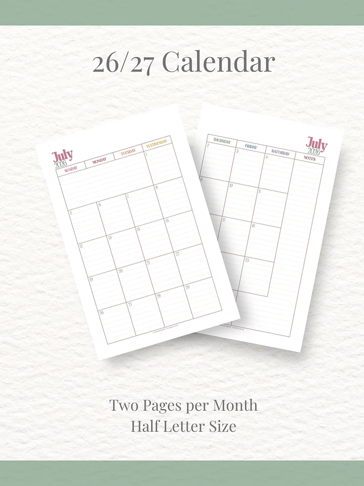 Summer Garden - 26-27 Calendar - 2 Pages per Month - Half Letter Size product image (1)