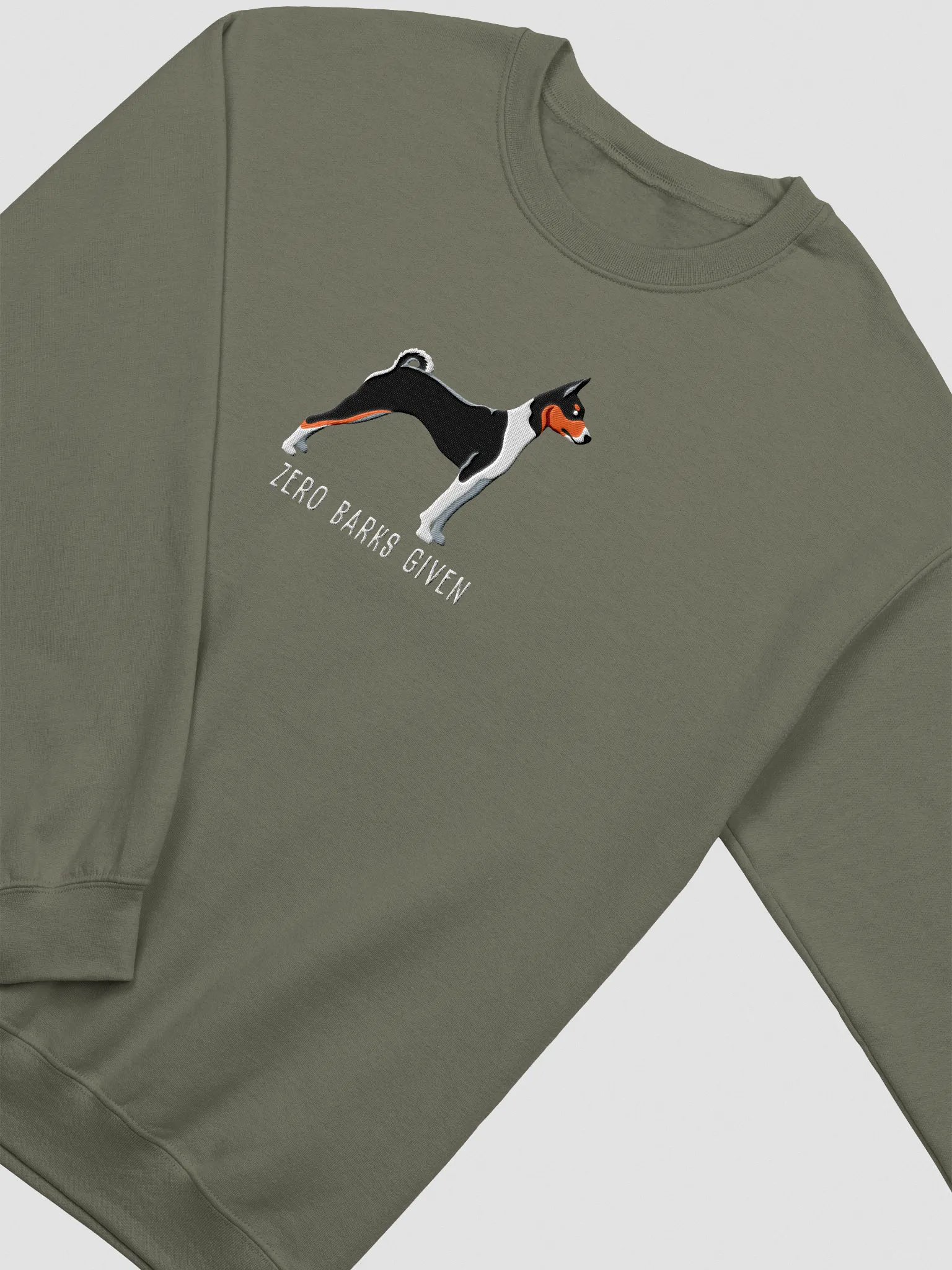 Zero Barks Given Sweatshirt (Embroidered) of a Basenji(Tricolor) product image (6)