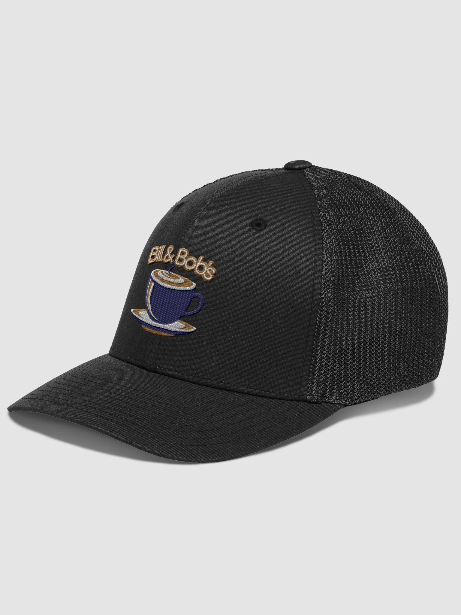 Bill & Bob's Coffee Shop Open 24/7 Trucker Hat, Navy Blue Color Accent product image (2)