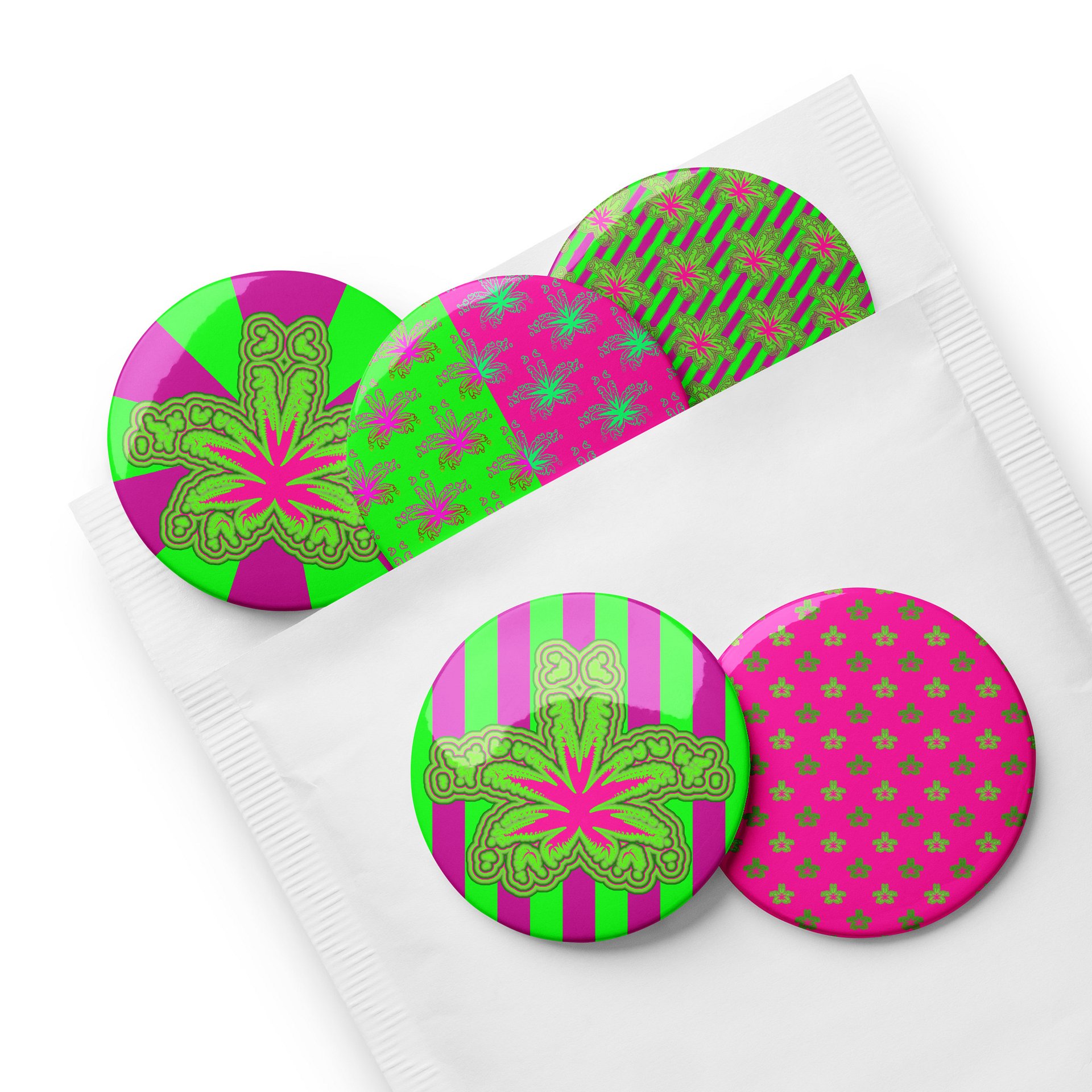 Neon Green Hot Pink Pot Leaf Pins, Stoner Circus Cannabis Art Pin Button Set, Weird Weed Accessories product image (9)