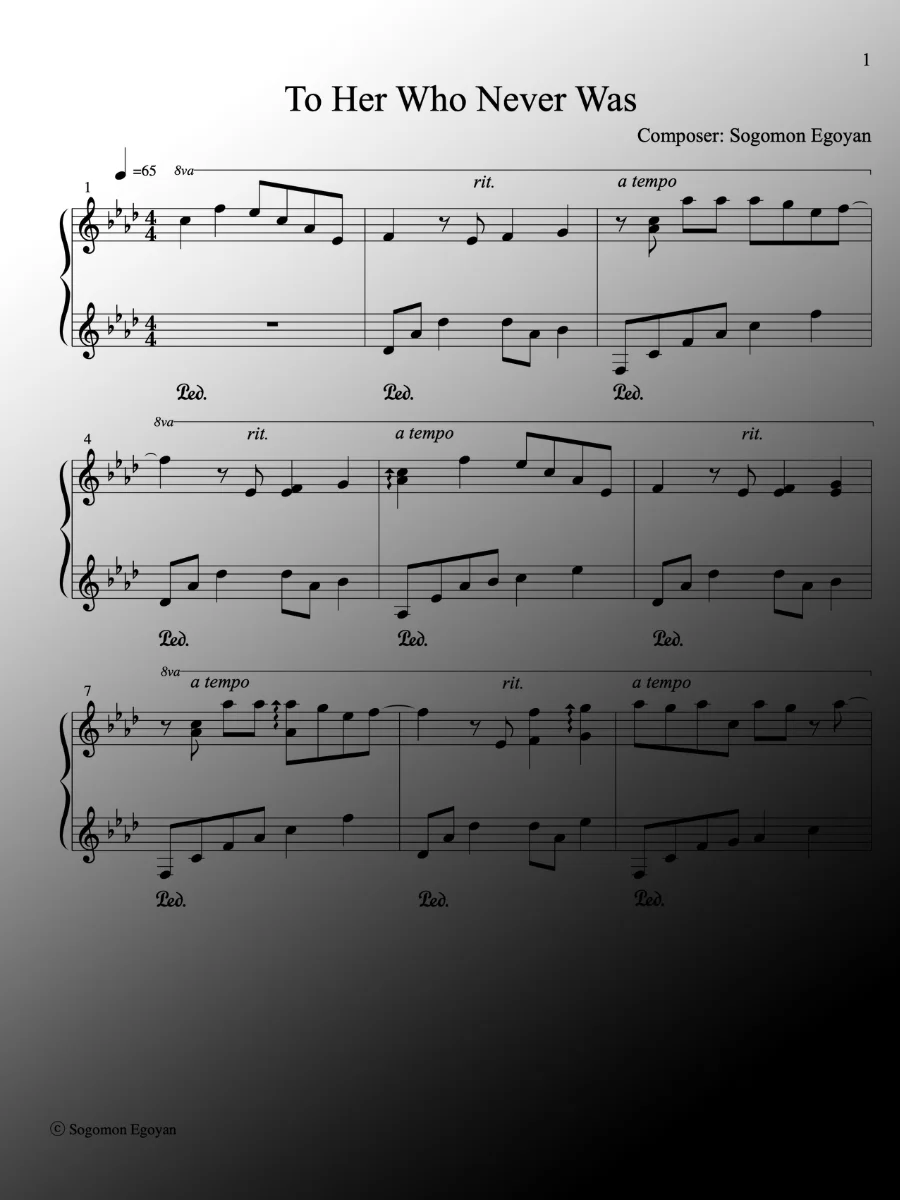To Her Who Never Was by Sogomon Egoyan - Piano Sheet Music product image (1)