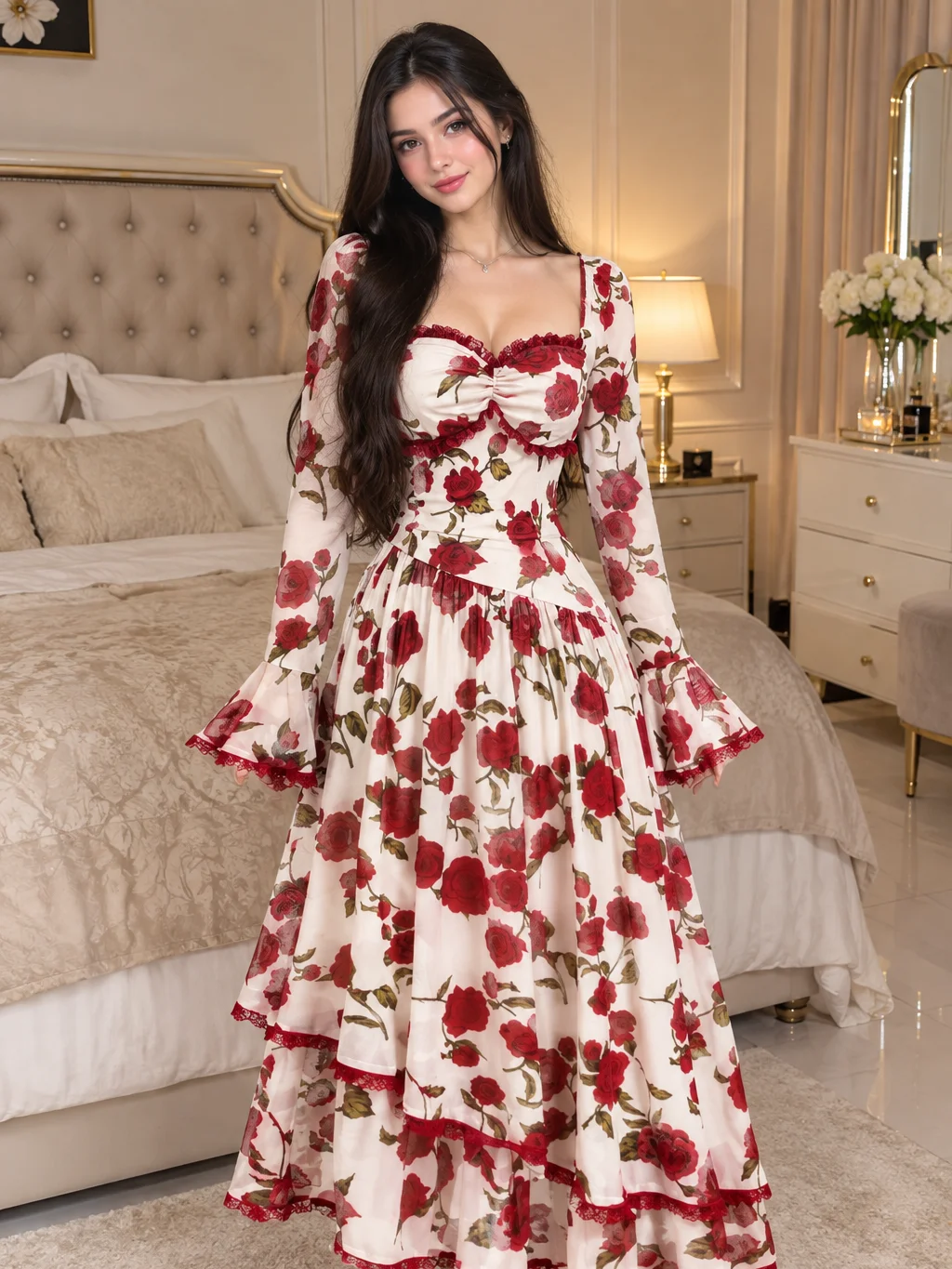 ADLEST MOD Women's White Floral Lace Long Sleeve Dress Autumn Vintage Gothic Tea Party Garden Party Wedding Date Homecoming Concert Outfits New Year,Halloween product image (2)