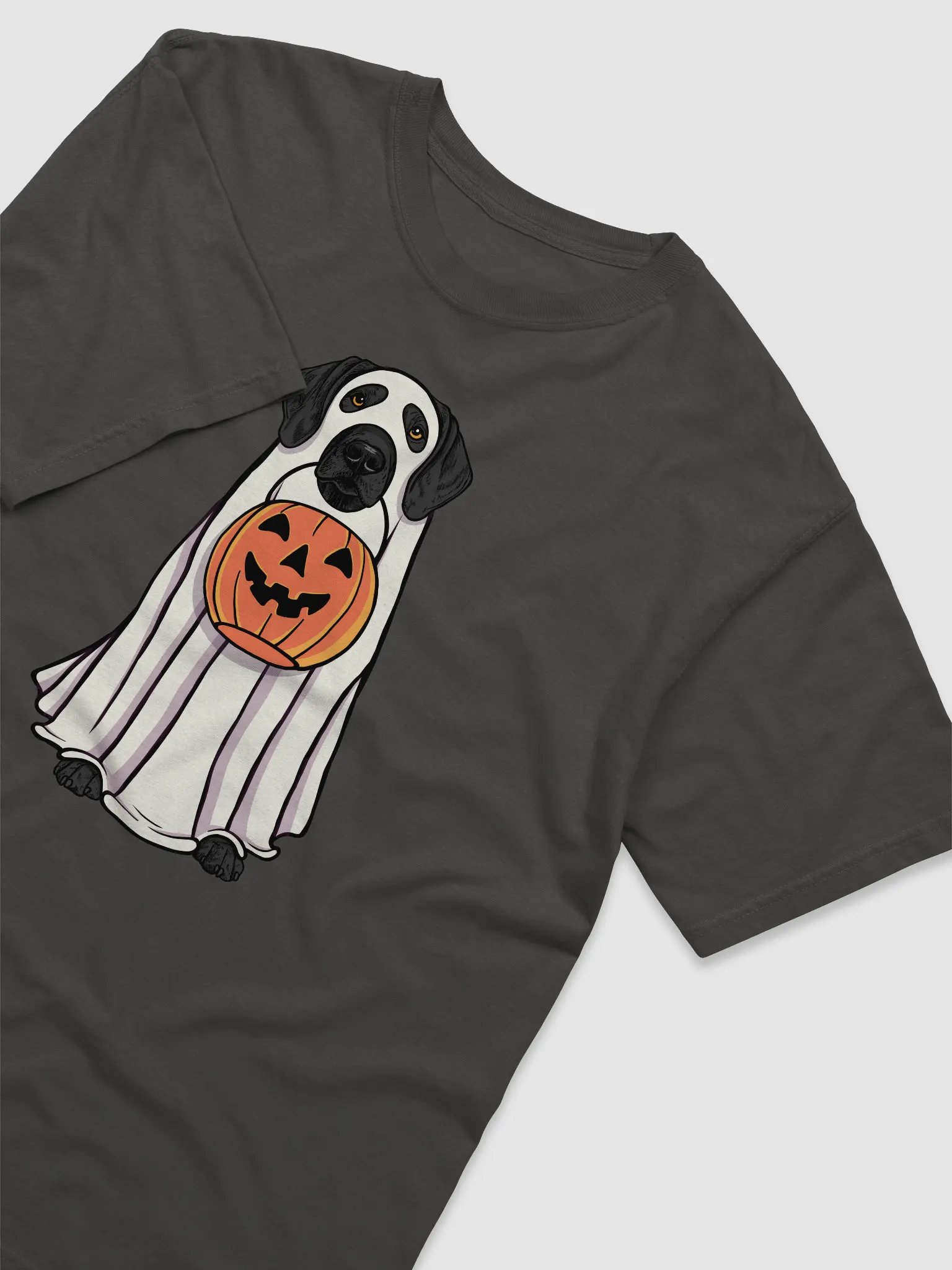 Funny Halloween German Shorthaired Pointer(Black) T-Shirt | Funny GSP Wearing a Ghost Costume and Holding a Pumpkin Basket product image (6)