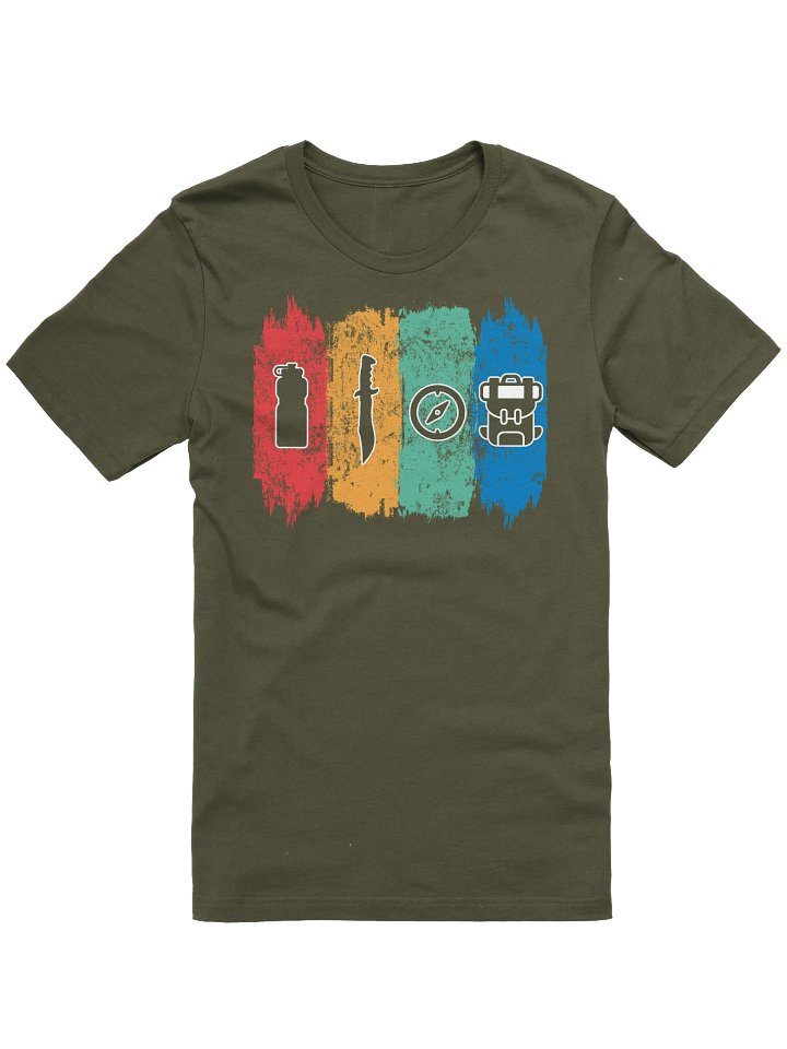 Modern Vintage Outdoor Adventure Icons T-Shirt - Water Bottle, Knife, Compass & Backpack, Nature Lover Gift, Wilderness Explorer Top product image (1)