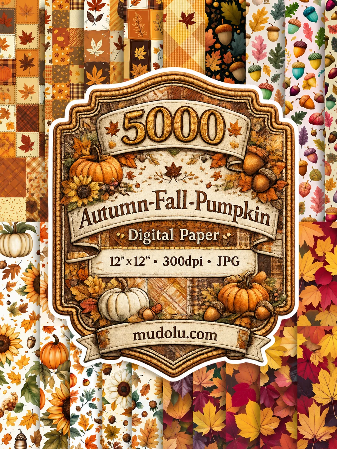 5000 Autumn Digital Paper Bundle, Fall Pumpkin Leaves Acorn Sunflower product image (1)