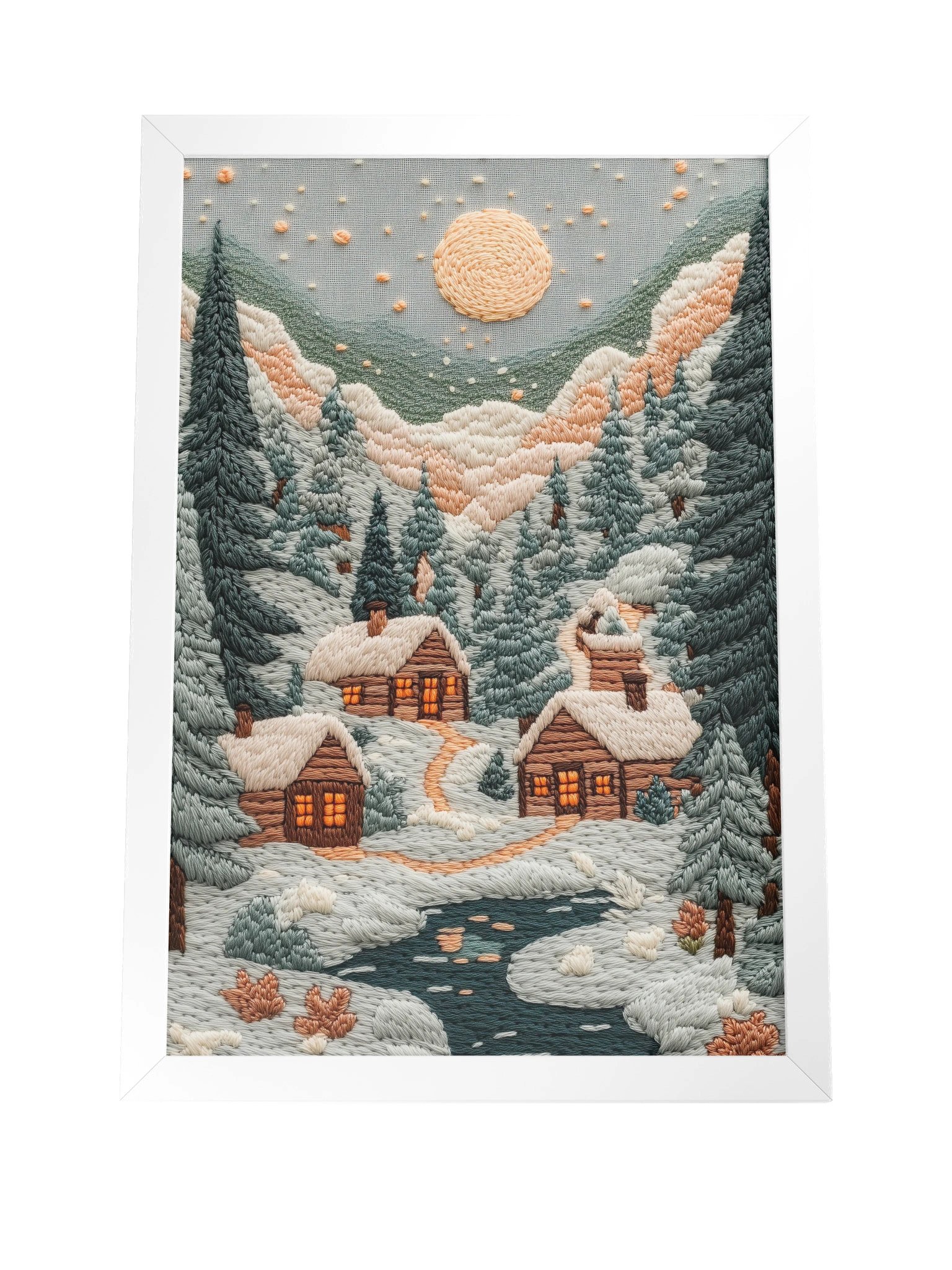 A Little Winter Village in Norway | Embroidery-Style Wall Art — Framed Print product image (12)