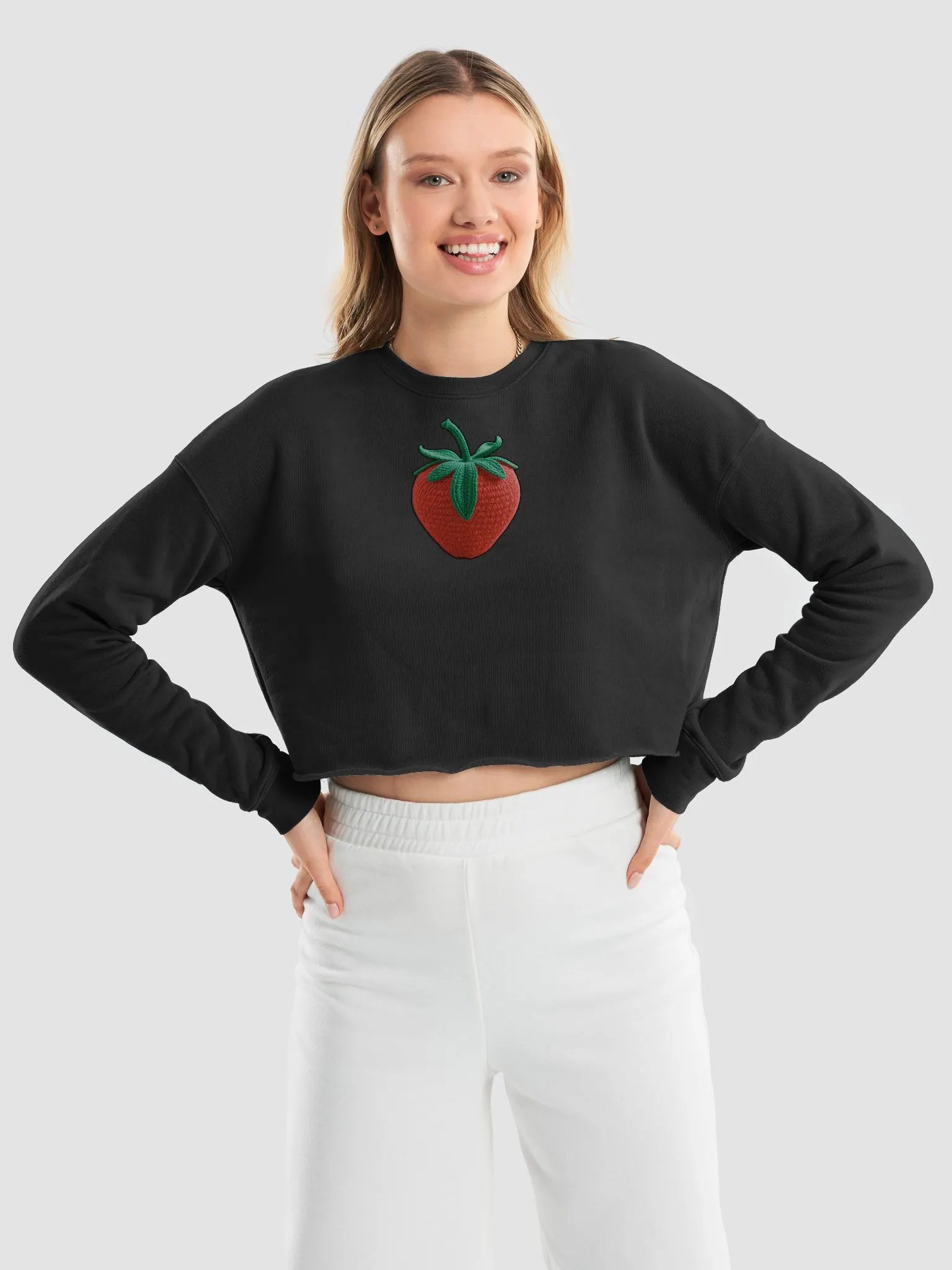 CozyAvocado Women's Black Fleece Crop Sweatshirt Strawberry #1 product image (9)
