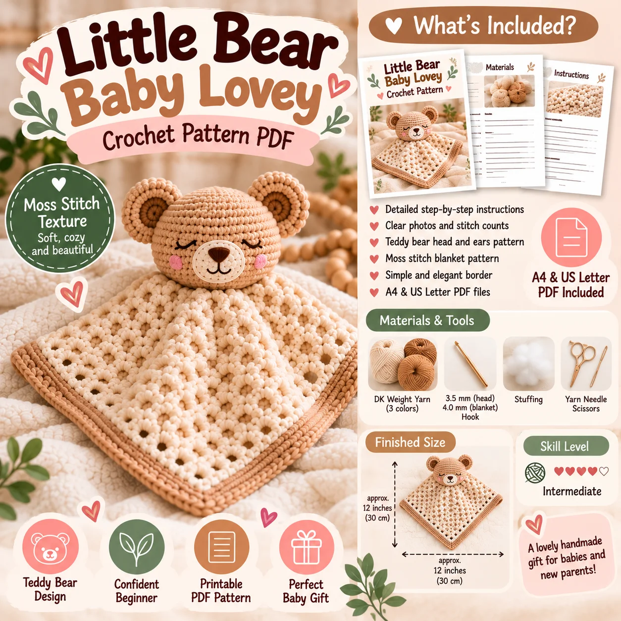 Little Bear Baby Lovey Crochet Pattern PDF | Teddy Bear Security Blanket product image (4)