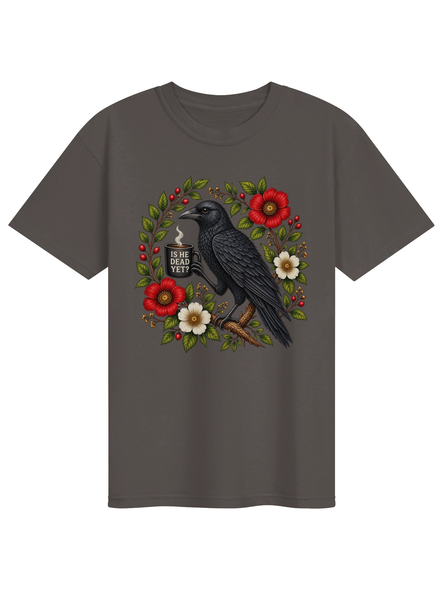 Is He Dead Yet Shirt, Raven Crow Coffee Shirt, Black Crow Anti Trump Protest Shirt, Funny Crow Coffee Shirt, Botanical Crow product image (1)