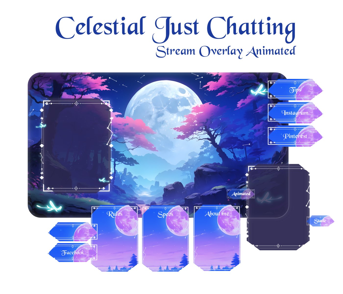 Sky Night Just Chatting Pack, Light & Dark Twitch Overlay, Blue Pink Glowing Forest Aesthetic, Animated Scenes Vtuber, Just Chatting Overlay product image (1)
