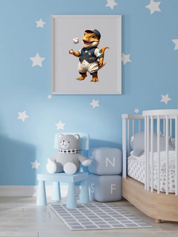 Baby Dinosaur playing baseball Kid Nursery Print Wall Art product image (2)