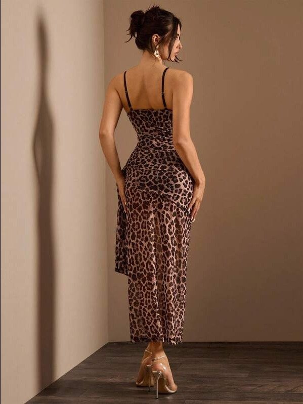Glamour Sexy Elegant Lace & Leopard Print Asymmetric Waist See-Through Fish Bone Crinkle Detail One-Sided Strap Long Dress For Women Maxi Women Outfit product image (2)