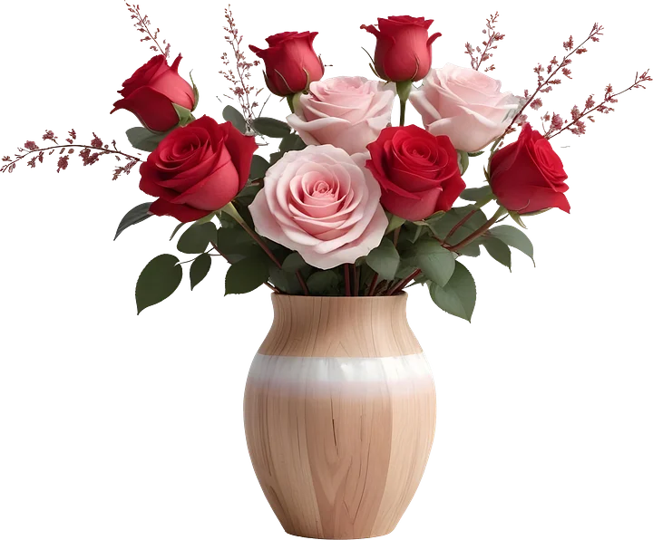 Blossoming Elegance – Soft Wood Vase with Roses PNG product image (1)