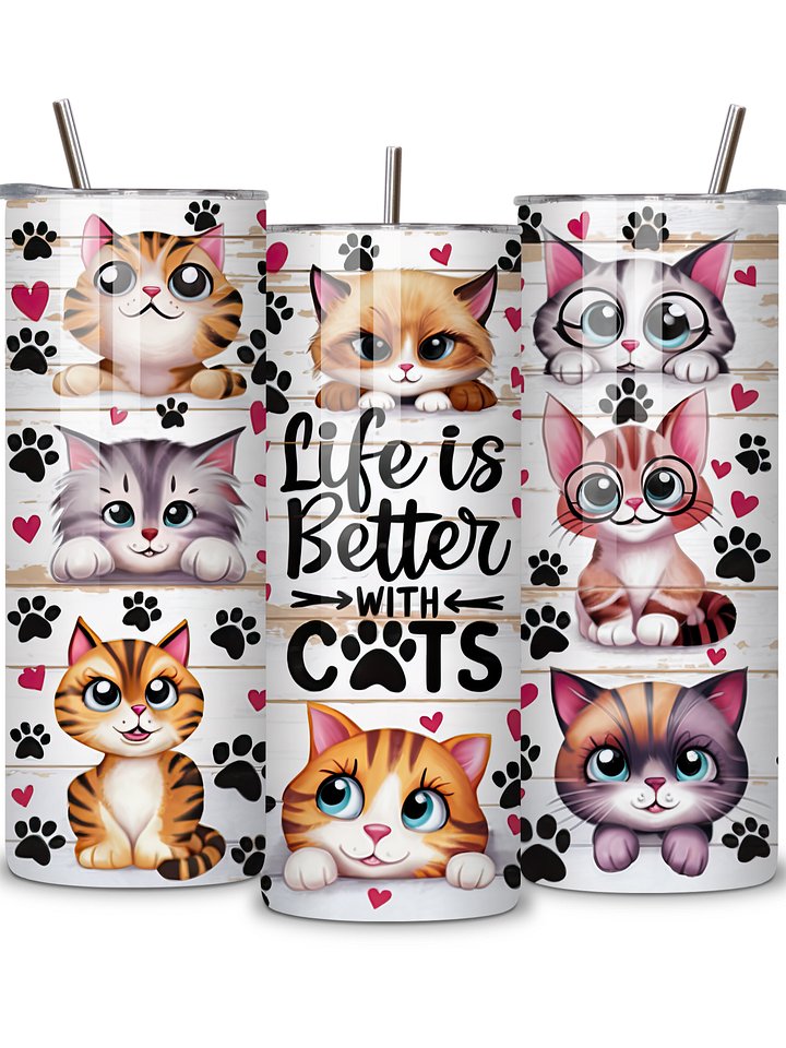 Life is Better with Cats 20oz Skinny Tumbler with Metal Straw – Cute Cat Design – Double-Walled Insulated Stainless Steel Tumbler for Hot & Cold Drinks, Gift for Cat Lovers product image (2)