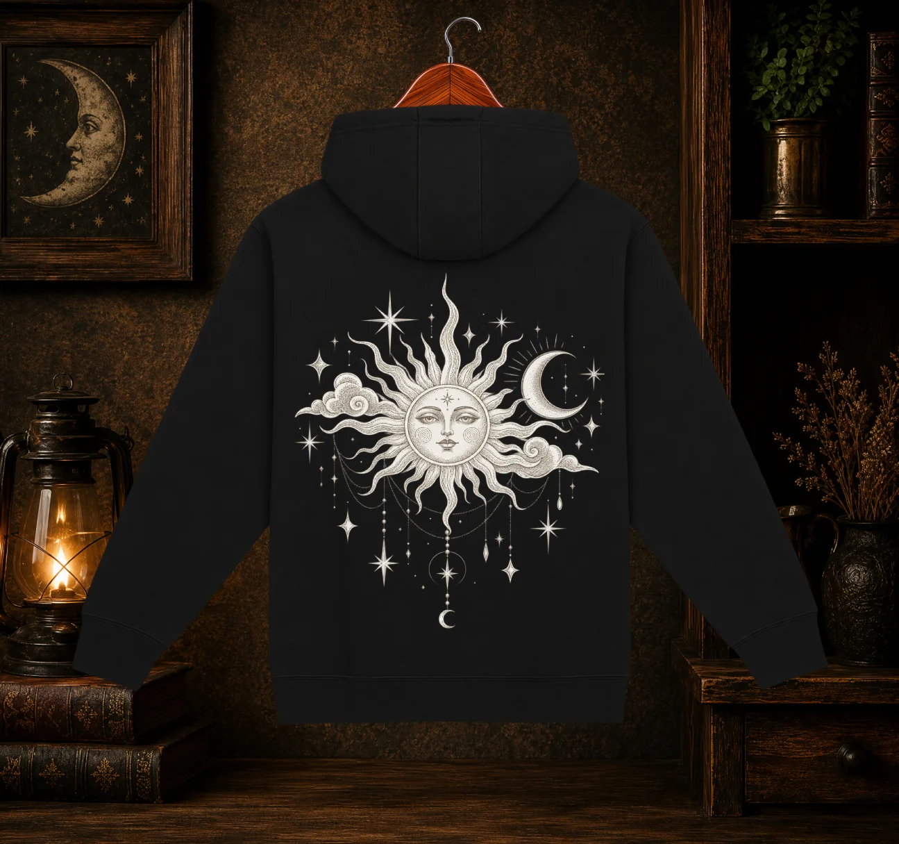Celestial Sun & Crescent Moon Graphic Hoodie | Vintage Astrology Back-Print product image (1)
