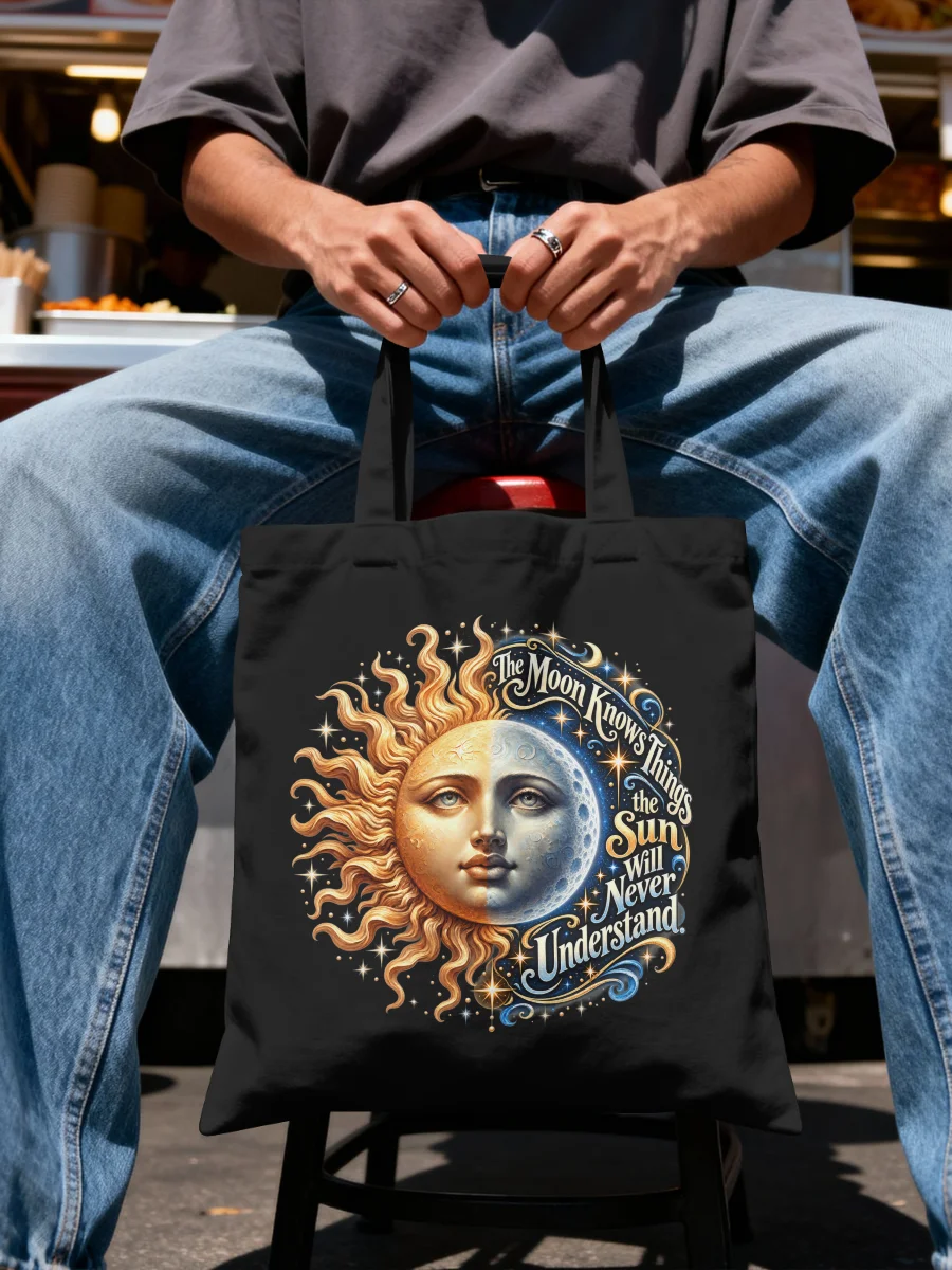 The Moon Knows - Cotton Tote Bag - Celestial Sun & Moon Art product image (2)