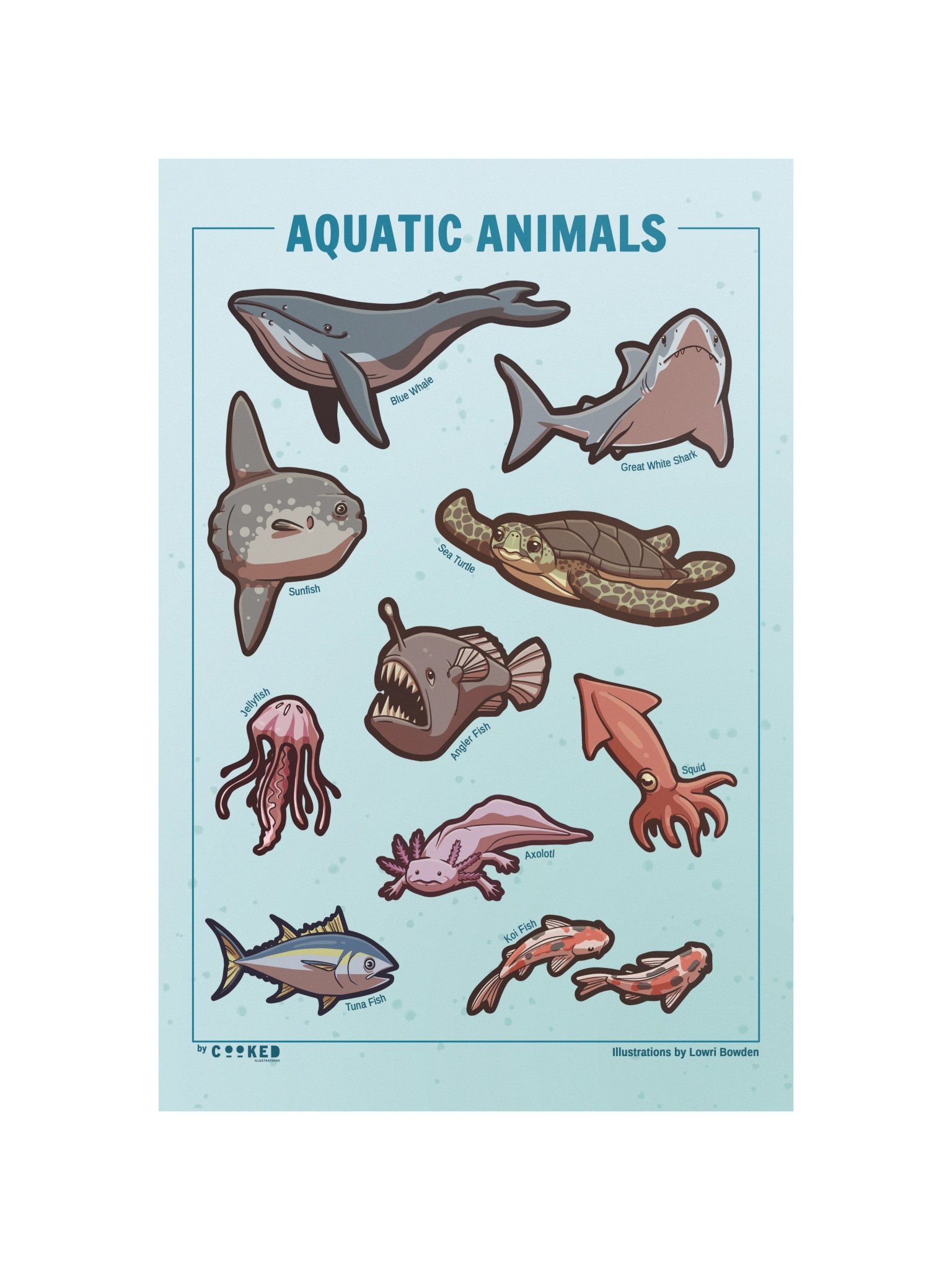 Aquatic Animals Poster - 10 Illustrated Water-dwelling Animals - Original Illustrated Poster product image (1)