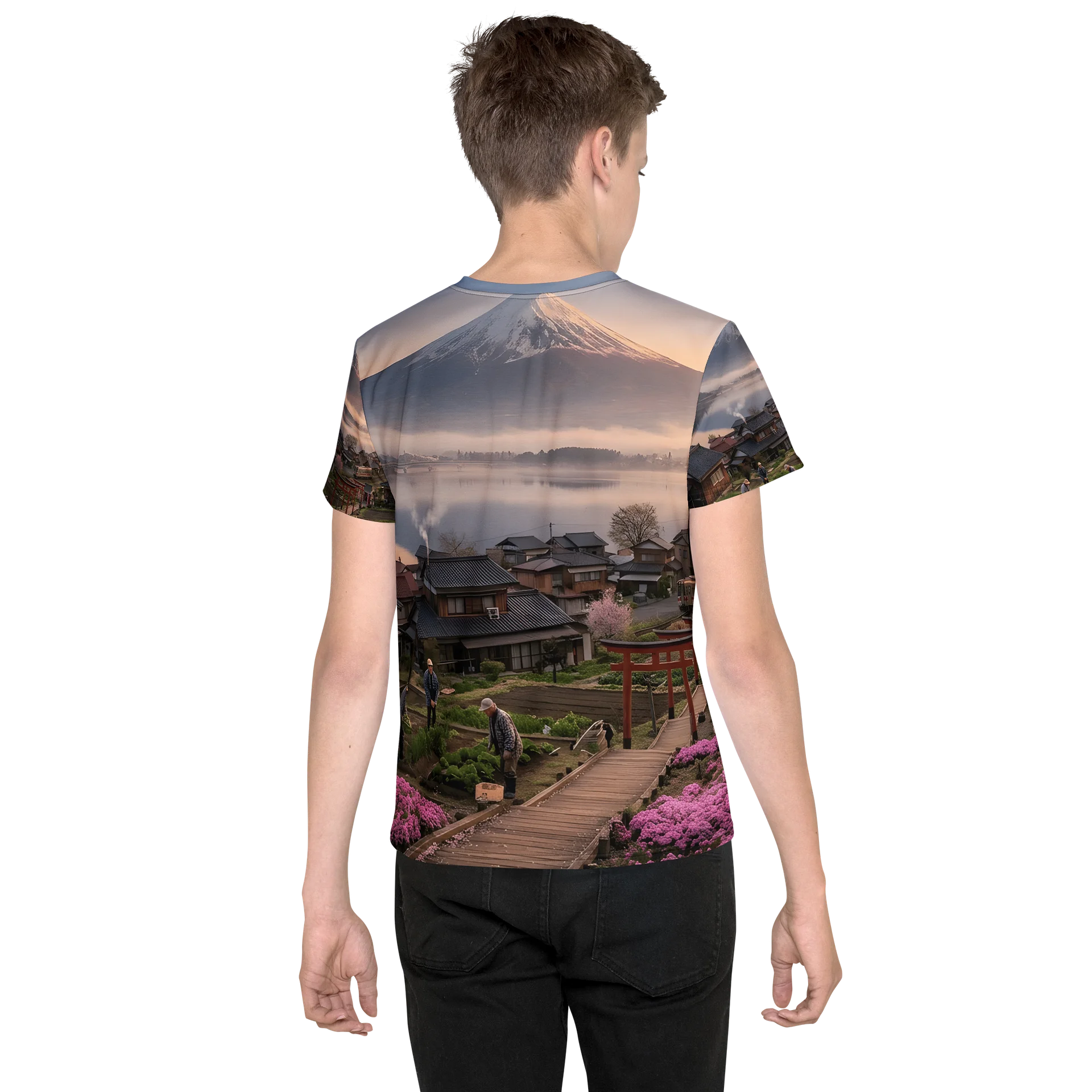 Mount Fuji & Pink Moss Youth Crew Neck T-Shirt | All-Over Print Tee product image (4)
