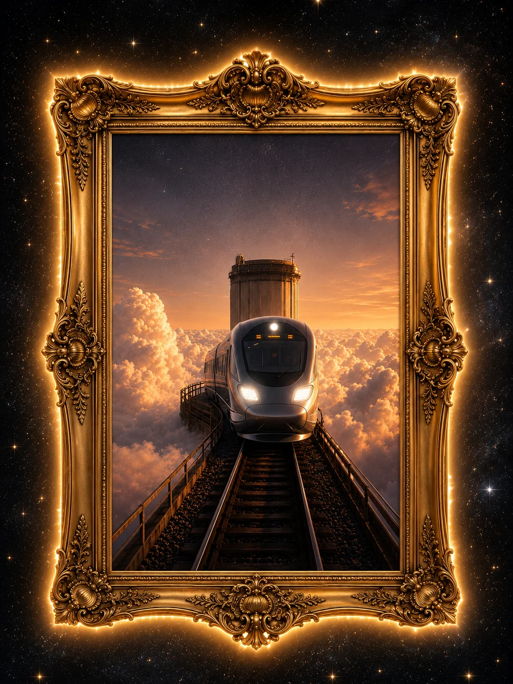 Surreal Train in the Clouds Wall Art | Futuristic Dreamcore Poster | Minimalist Sci Fi Print product image (1)
