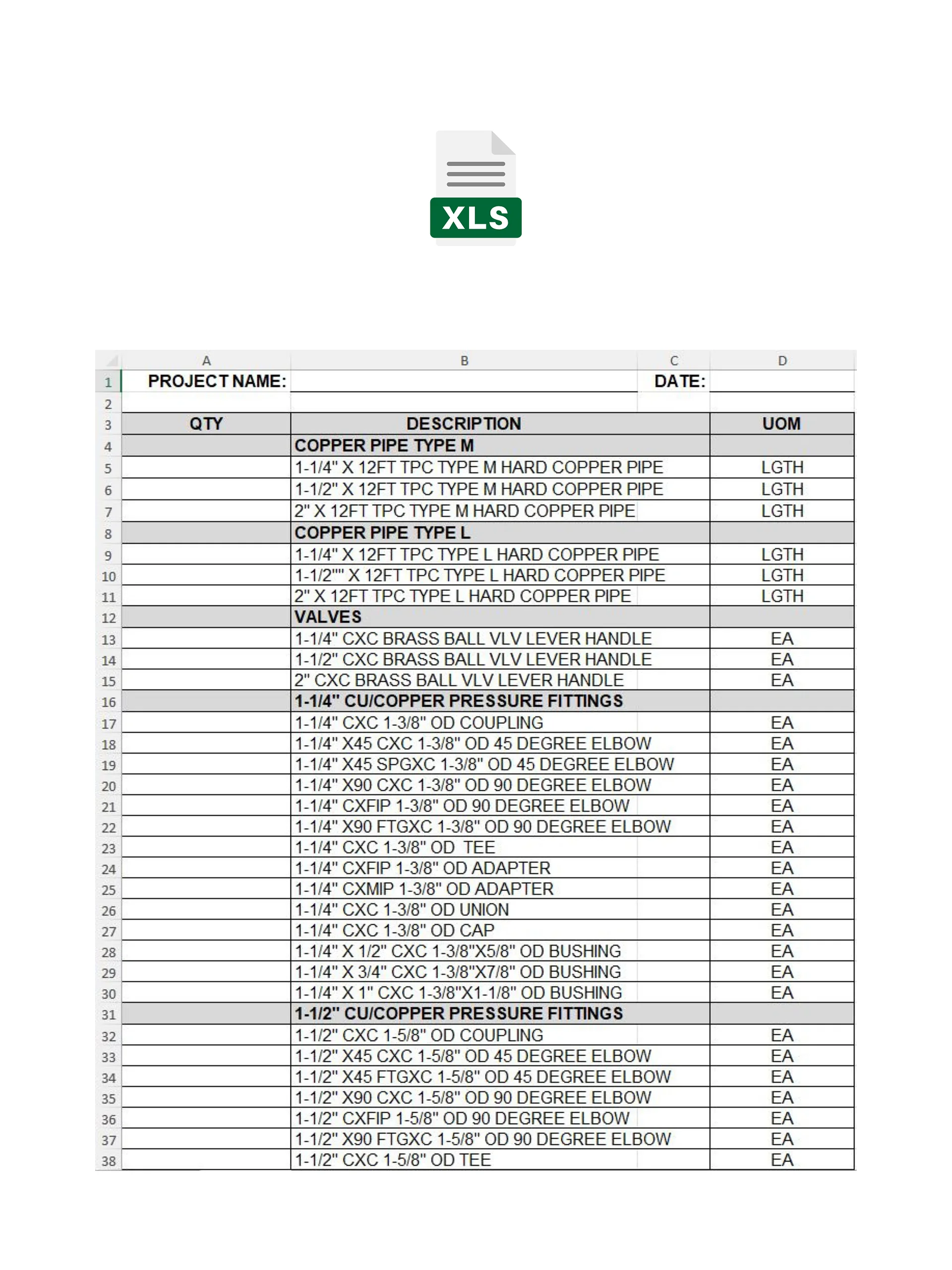 Domestic Water Cu BOM MS Excel Template No. 2 product image (1)