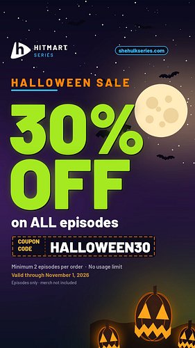 🎃 Halloween Sale! 30% OFF all episodes at shehulkseries.com
Use code HALLOWEEN30 — valid until November 1.
Don't miss it! 👻
#...