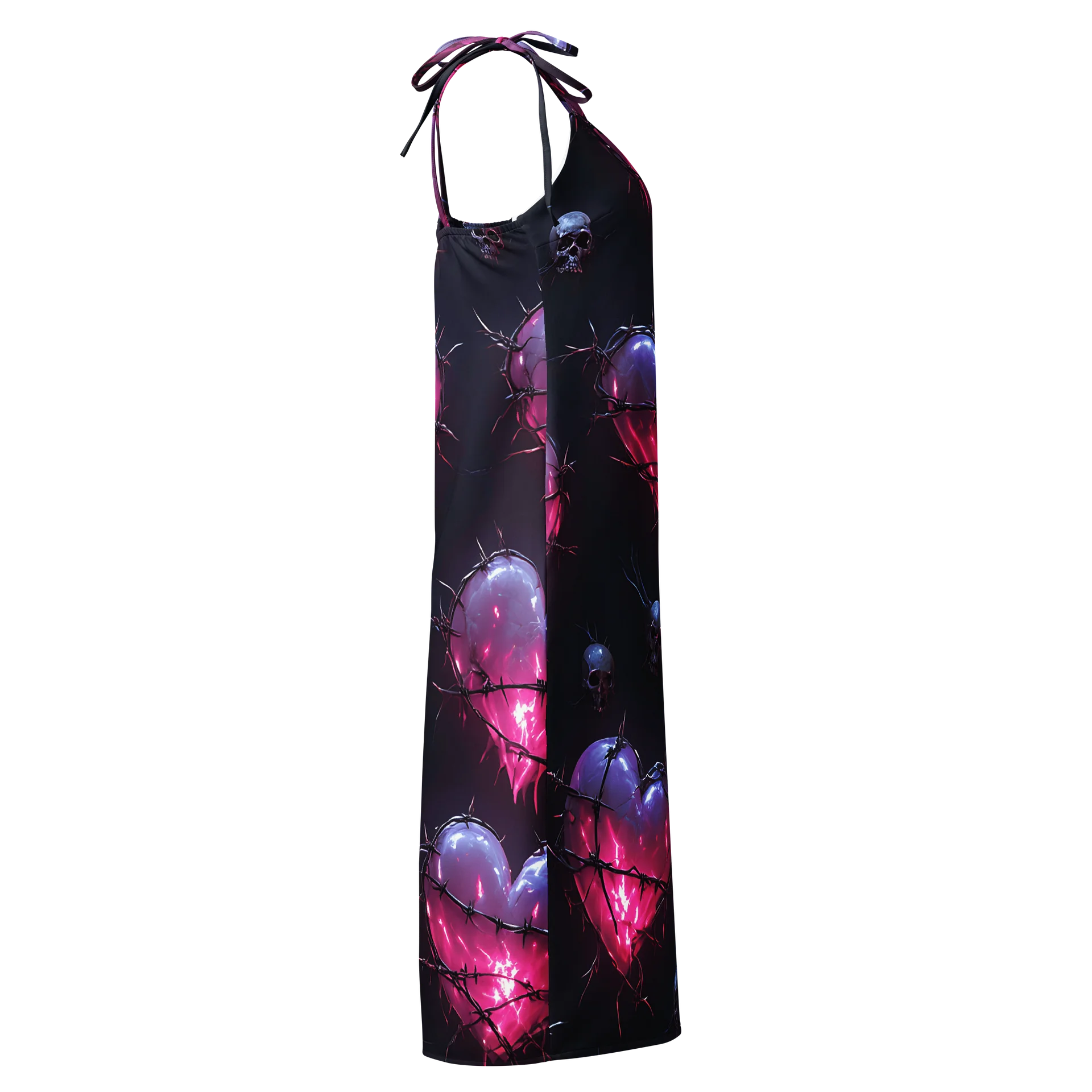 Neon Barbed Heart Skull Midi Slip Dress - Glow Pink Shattered Hearts Chiffon Halter Dress with Slit product image (4)
