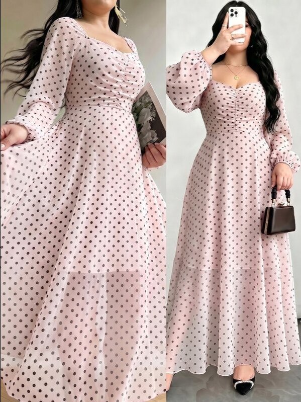 Modelyn Spring/Autumn Polka Dot Cinched Cinched Waist Elegant Fashionable Flared Long Dress Brunch Tea Party Light Pink product image (7)