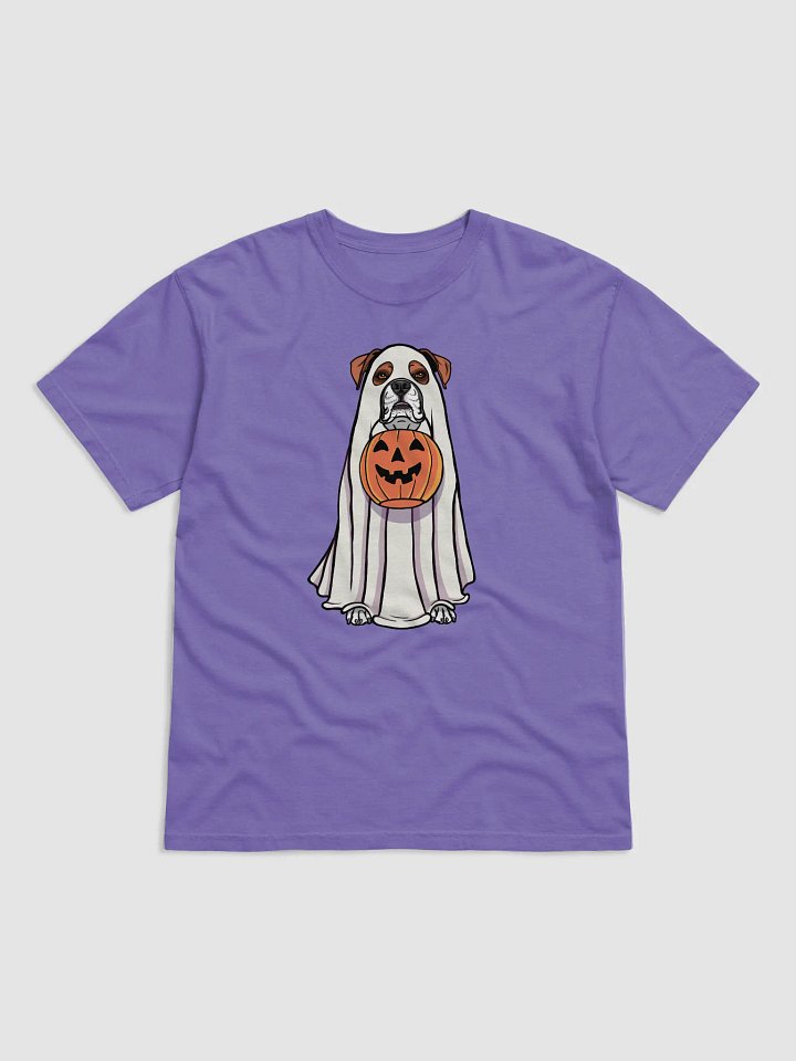 Funny Halloween Boxer Dog(2) T-Shirt | Funny Boxer Wearing a Ghost Costume and Holding a Pumpkin Basket product image (1)