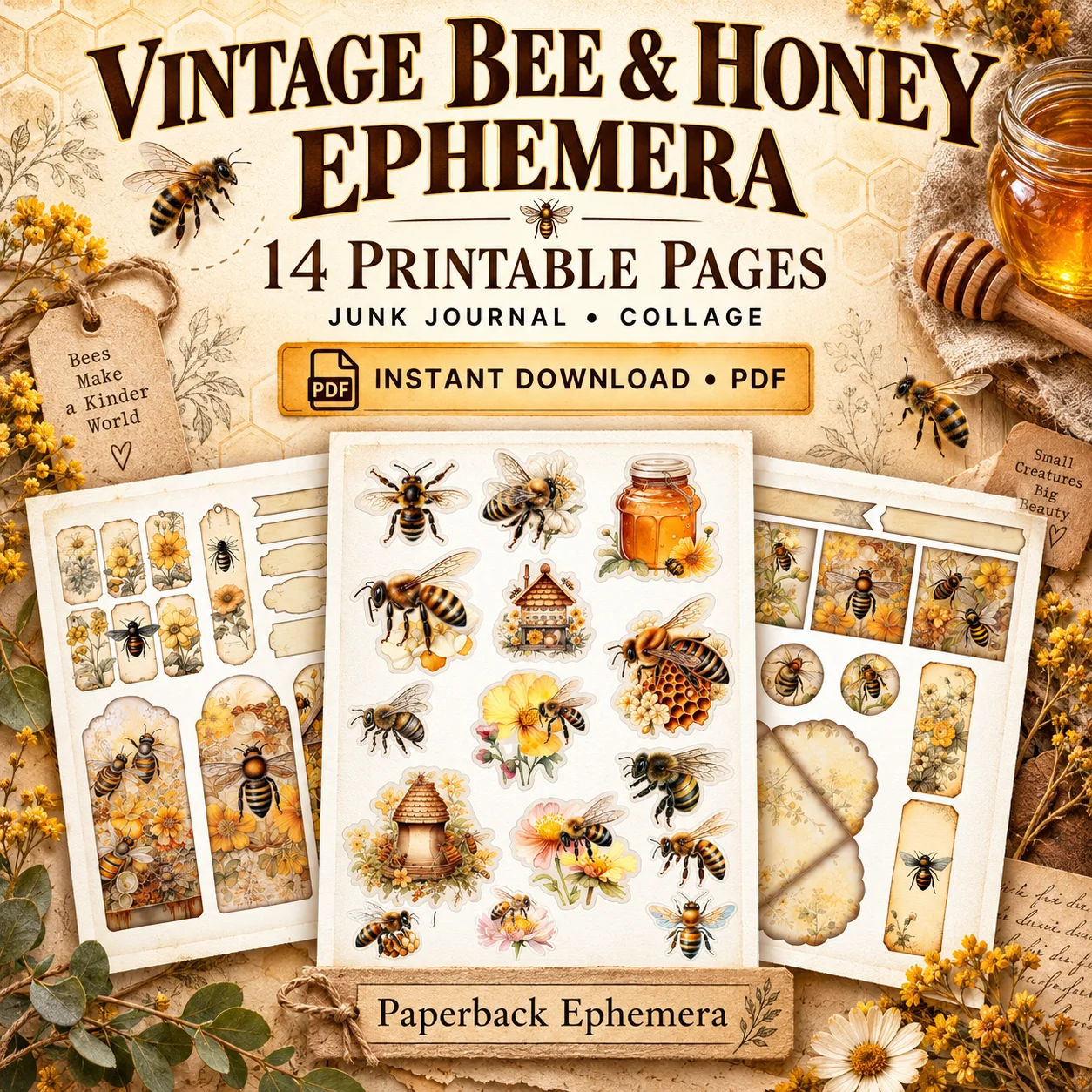 Vintage Bee & Honey Ephemera Printable PDF – 14 Pages product image (1)