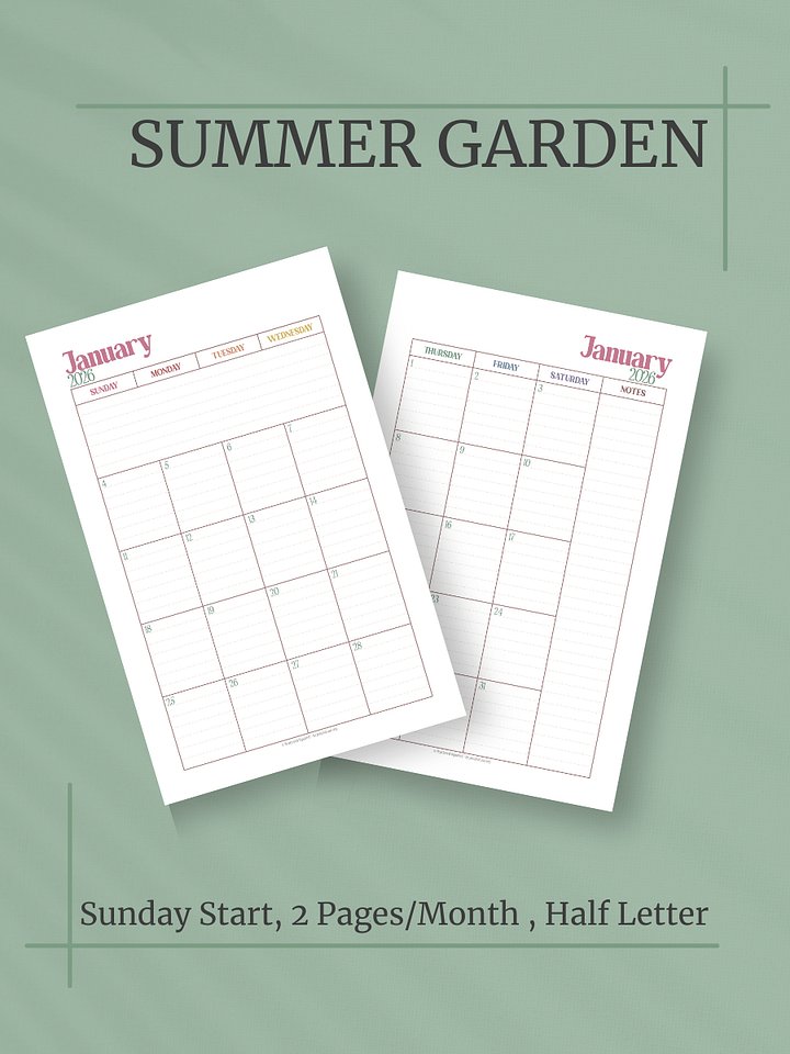 Summer Garden 2026 Calendar - 2 Pages per Month, Sunday Start, Half Letter Size product image (1)