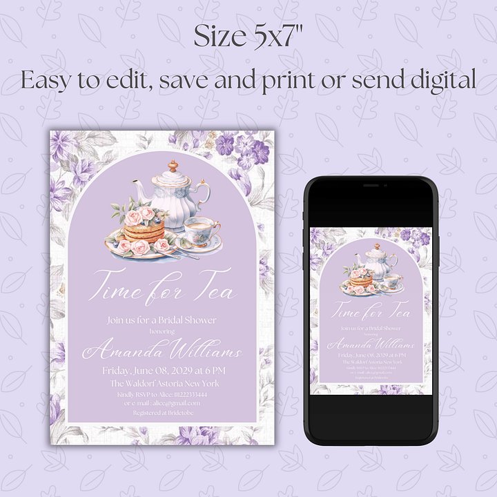 Tea Party Bridal Shower Canva Template Invite, Floral Purple Theme Printable Time for Tea Lavender Brunch Invitation | Digital Prints product image (2)