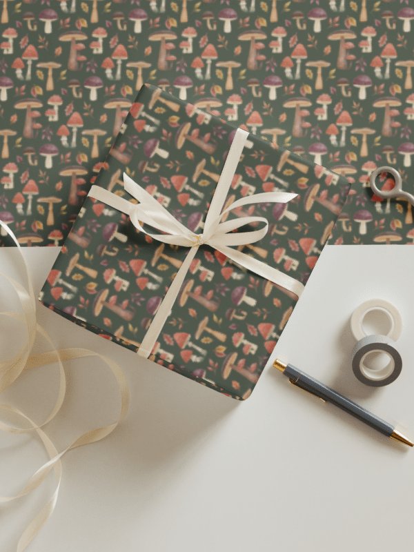 The mushroom haven wrapping paper set (3). Autumn mushroom design on green, brown & beige backgrounds product image (2)