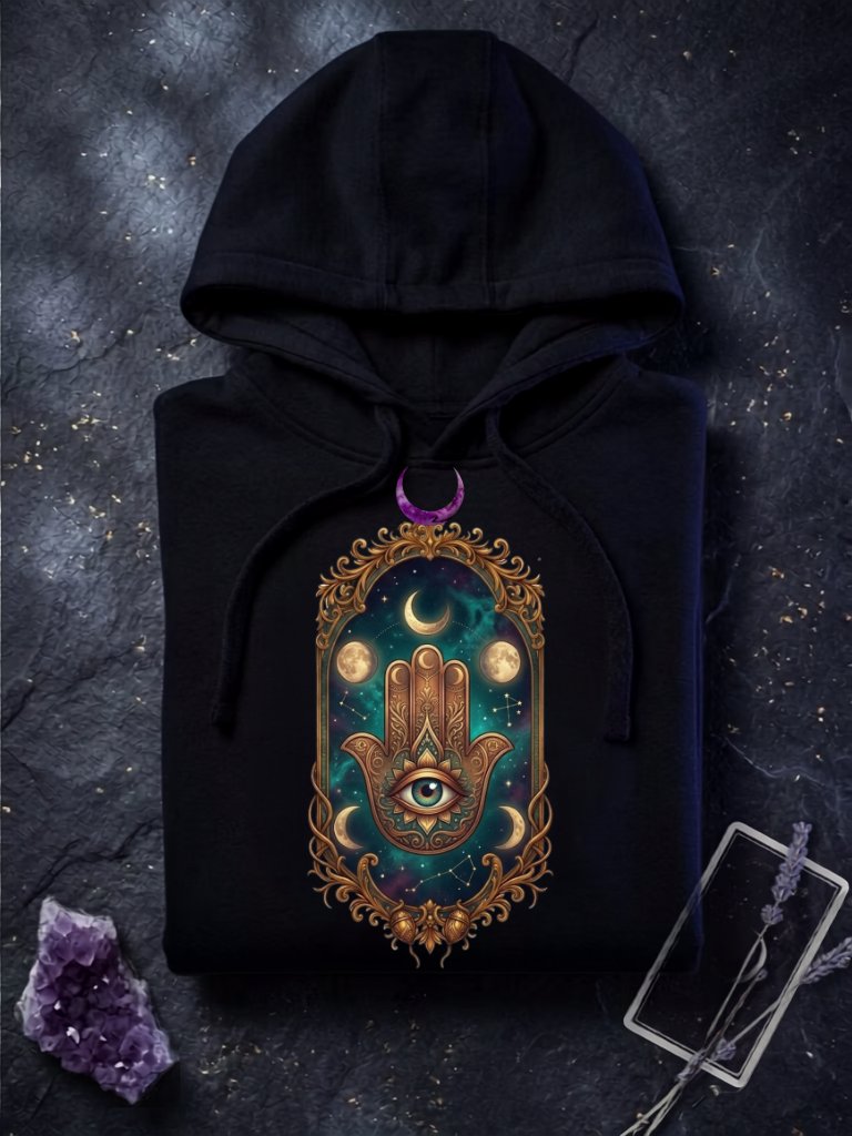 Celestial Hamsa Mirror – Mystical Moon Phases & All-Seeing Eye Portal product image (1)