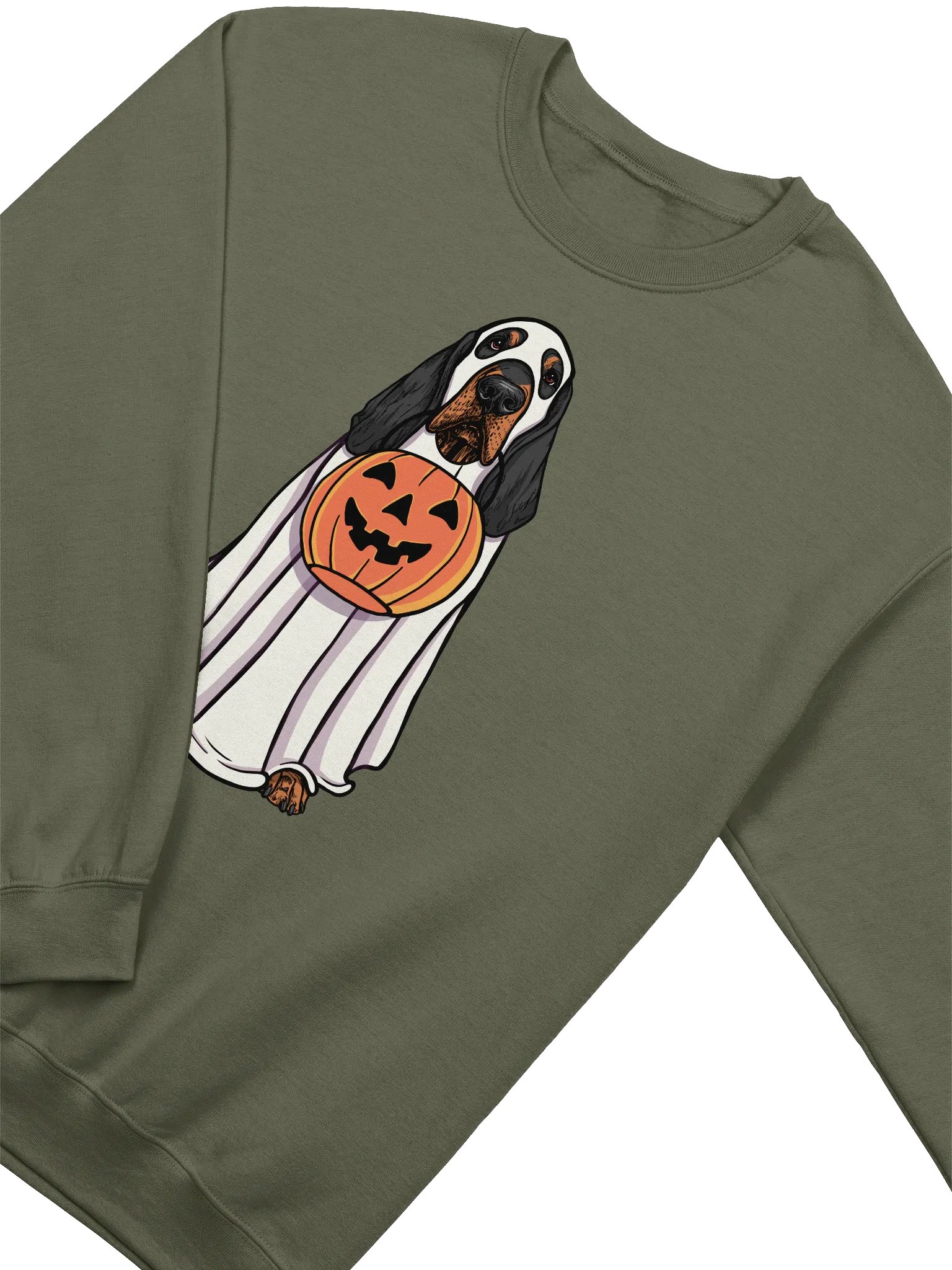 Funny Halloween Bloodhound(Black & Tan) Sweatshirt | Funny Bloodhound Wearing a Ghost Costume and Holding a Pumpkin Basket product image (4)