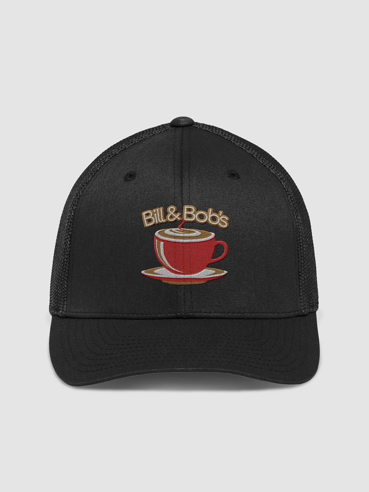 Bill & Bob's Coffee Shop Open 24/7 Trucker Hat, Red Color Accent product image (1)